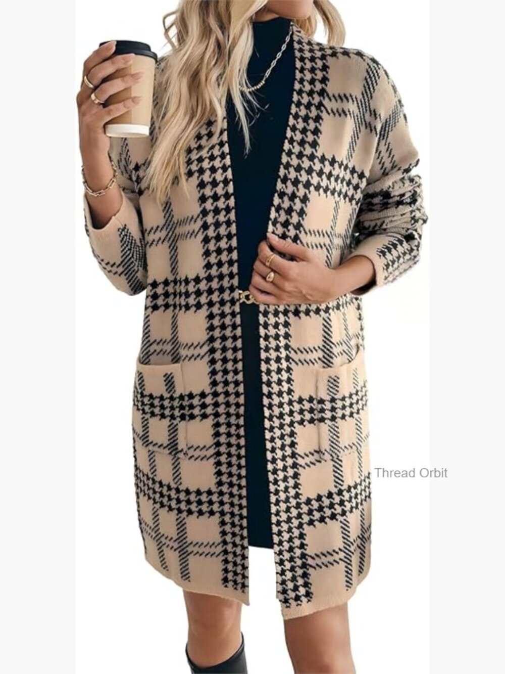 Long Cardigan Loose Fit Open Front Houndstooth Plaid Sweater Fall Winter